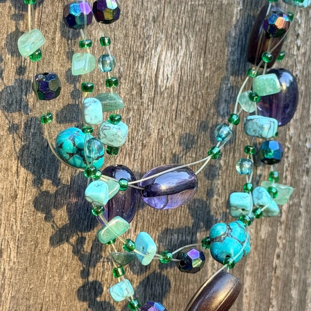 Vintage‎ Purple and Teal necklace set 18in glass beads festival multi strand